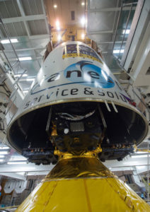 Fairing lowered over the heavy-lift vehicle and its four Galileo satellites to complete launcher build-up