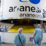 Four Galileo satellites passengers are nearly fully encapsulated by the protective payload fairing.
