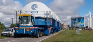 The cryogenic main stage for Arianespace’s Flight VA244 is transported across the Spaceport after arriving in French Guiana