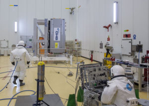 Technicians on SCAPE (Self Contained Atmospheric Protection Ensemble) suits to fill Galileo satellites 23-26 with hydrazine fuel. This operation took place in the Guiana Space Centre's S3B payload preparation building on 29 June 2018