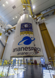 Protective fairing made ready to be lowered over Galileo satellites 23–26 atop their Ariane 5 inside the BAF Final Assembly Building on Thursday 12 July, ahead of the launch of Arianespace Flight VA244 on Wednesday 25 July